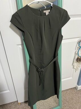 H&M Olive Green Cap-Sleeve Belted Sheath Dress